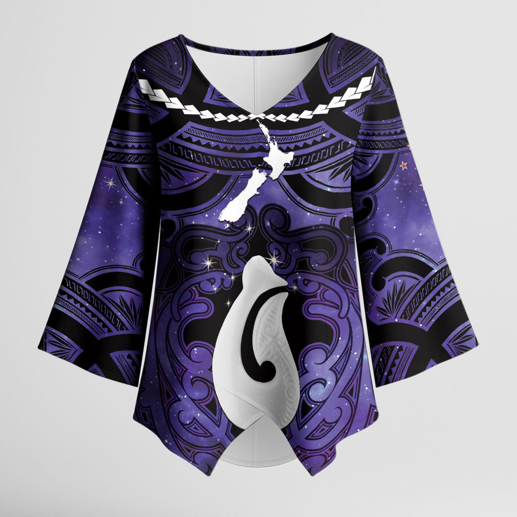 Personalised Maori Matariki Hei Matau Waiporoporo Kimono Sleeve Blouse Maori Kowhaiwhai Pattern Galaxy LT01 Female Purple - Polynesian Pride
