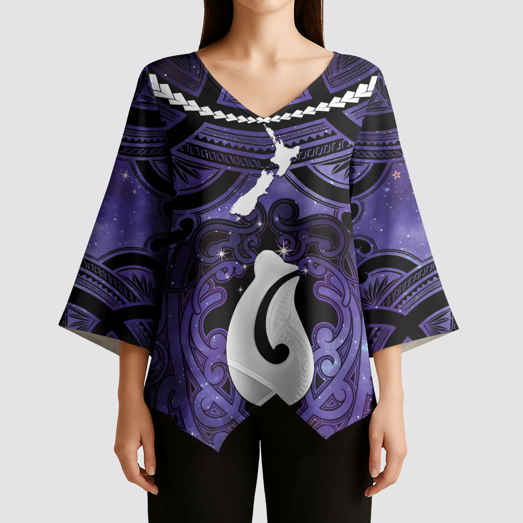 Personalised Maori Matariki Hei Matau Waiporoporo Kimono Sleeve Blouse Maori Kowhaiwhai Pattern Galaxy LT01 - Polynesian Pride