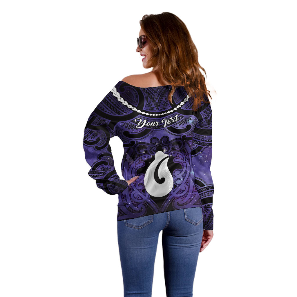 Personalised Maori Matariki Hei Matau Waiporoporo Off Shoulder Sweater Maori Kowhaiwhai Pattern Galaxy