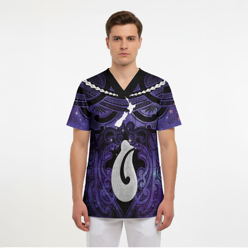 Personalised Maori Matariki Hei Matau Waiporoporo Scrub Top Maori Kowhaiwhai Pattern Galaxy