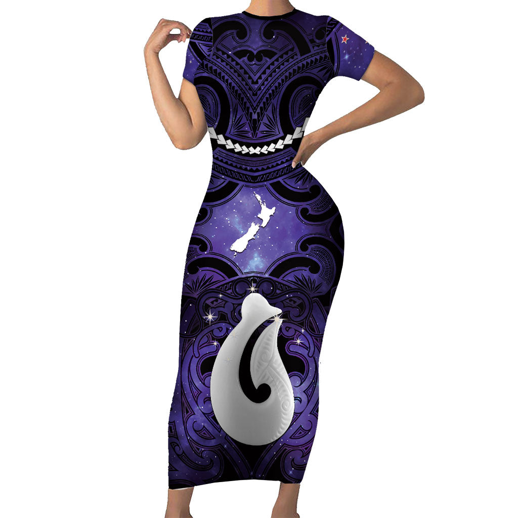 Personalised Maori Matariki Hei Matau Waiporoporo Short Sleeve Bodycon Dress Maori Kowhaiwhai Pattern Galaxy