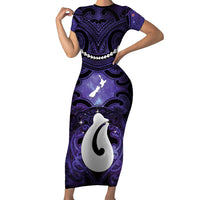 Personalised Maori Matariki Hei Matau Waiporoporo Short Sleeve Bodycon Dress Maori Kowhaiwhai Pattern Galaxy