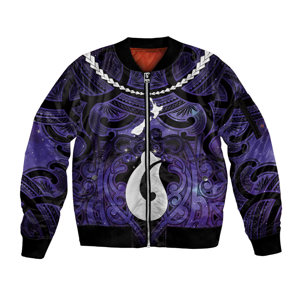 Personalised Maori Matariki Hei Matau Waiporoporo Sleeve Zip Bomber Jacket Maori Kowhaiwhai Pattern Galaxy