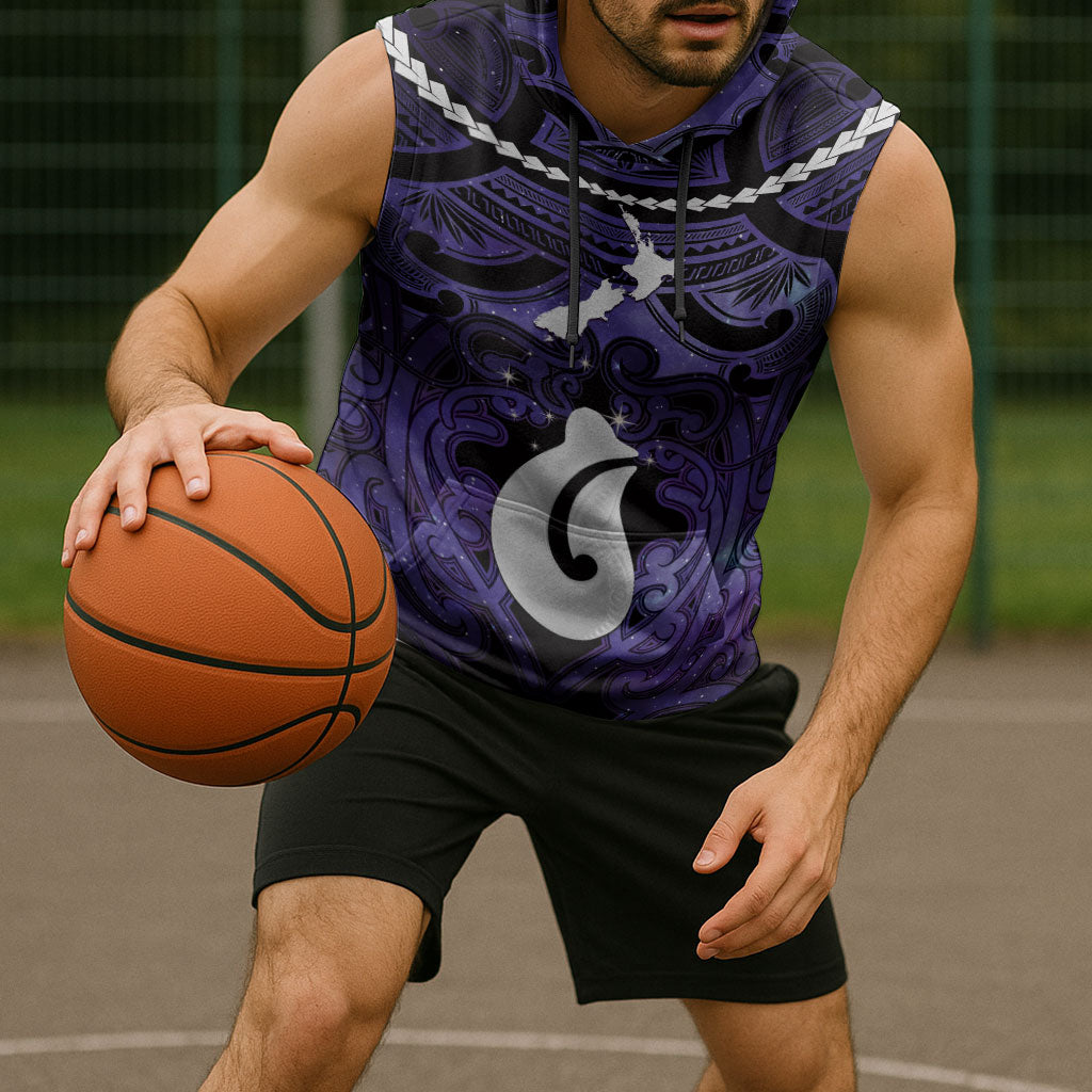Personalised Maori Matariki Hei Matau Waiporoporo Sleeveless Hoodie Maori Kowhaiwhai Pattern Galaxy