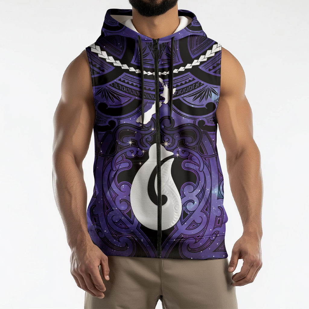 Personalised Maori Matariki Hei Matau Waiporoporo Sleeveless Zip Hoodie Maori Kowhaiwhai Pattern Galaxy