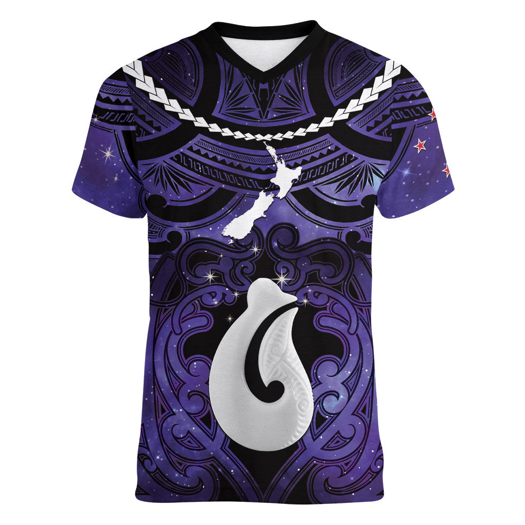 Personalised Maori Matariki Hei Matau Waiporoporo Women V-Neck T-Shirt Maori Kowhaiwhai Pattern Galaxy
