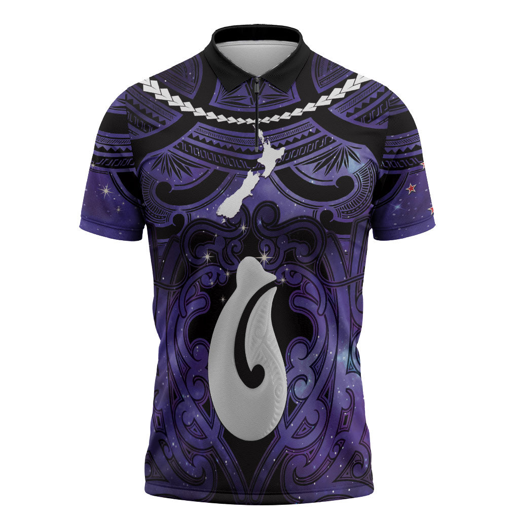 Personalised Maori Matariki Hei Matau Waiporoporo Zipper Polo Shirt Maori Kowhaiwhai Pattern Galaxy