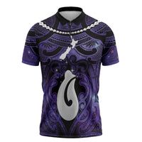 Personalised Maori Matariki Hei Matau Waiporoporo Zipper Polo Shirt Maori Kowhaiwhai Pattern Galaxy