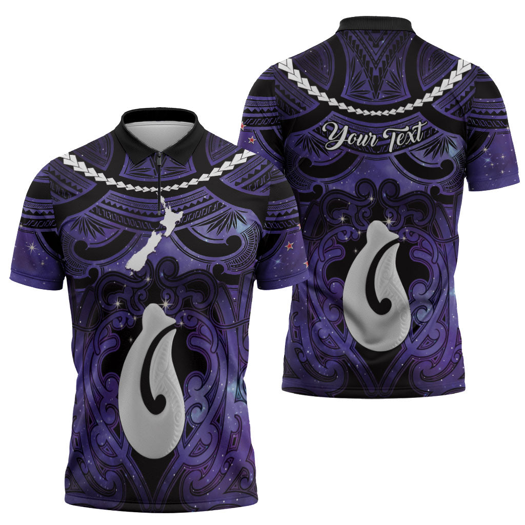 Personalised Maori Matariki Hei Matau Waiporoporo Zipper Polo Shirt Maori Kowhaiwhai Pattern Galaxy