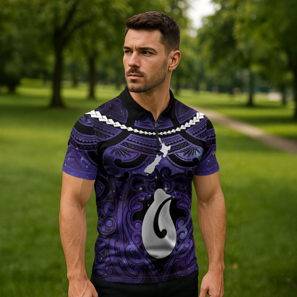 Personalised Maori Matariki Hei Matau Waiporoporo Zipper Polo Shirt Maori Kowhaiwhai Pattern Galaxy