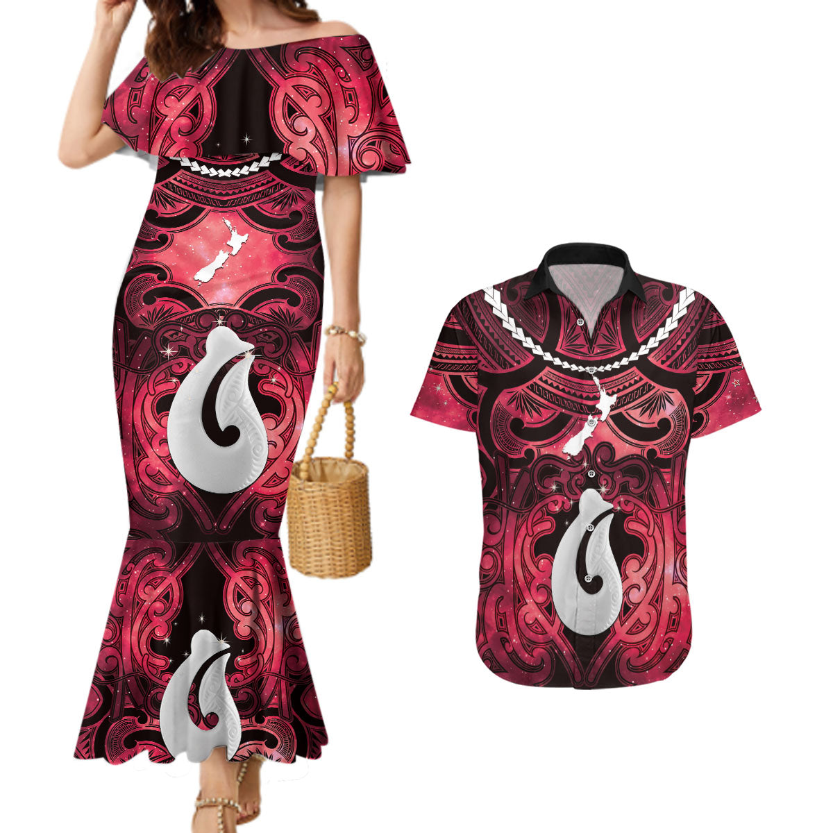 Personalised Maori Matariki Hei Matau Whero Couples Matching Mermaid Dress and Hawaiian Shirt Maori Kowhaiwhai Pattern Galaxy
