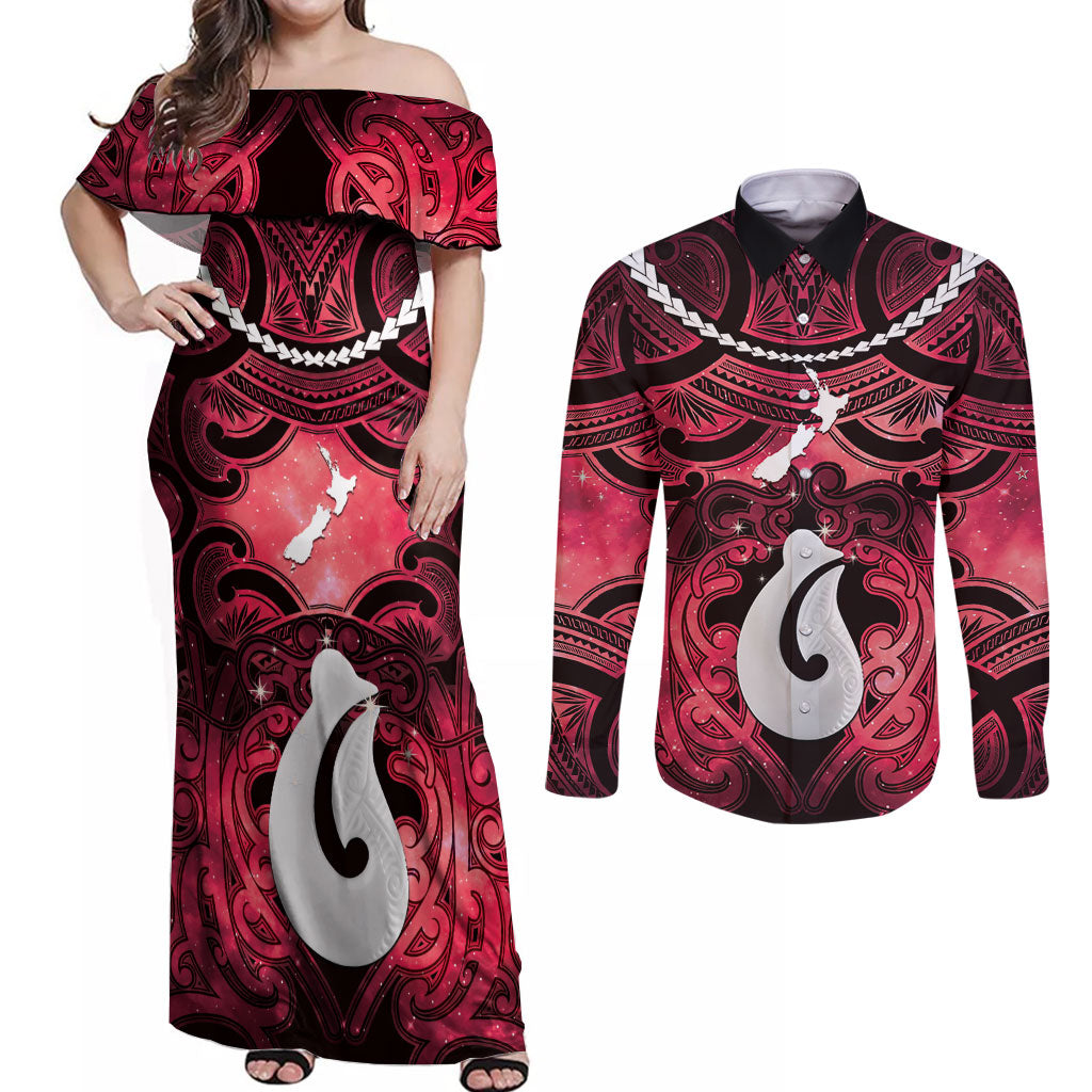 Personalised Maori Matariki Hei Matau Whero Couples Matching Off Shoulder Maxi Dress and Long Sleeve Button Shirt Maori Kowhaiwhai Pattern Galaxy