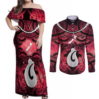 Personalised Maori Matariki Hei Matau Whero Couples Matching Off Shoulder Maxi Dress and Long Sleeve Button Shirt Maori Kowhaiwhai Pattern Galaxy
