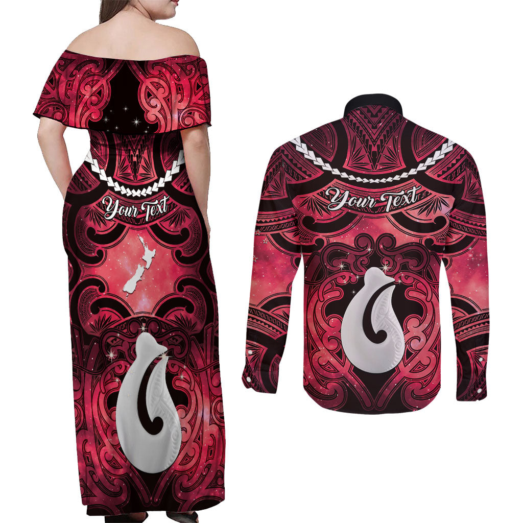Personalised Maori Matariki Hei Matau Whero Couples Matching Off Shoulder Maxi Dress and Long Sleeve Button Shirt Maori Kowhaiwhai Pattern Galaxy
