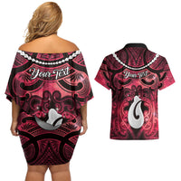 Personalised Maori Matariki Hei Matau Whero Couples Matching Off Shoulder Short Dress and Hawaiian Shirt Maori Kowhaiwhai Pattern Galaxy