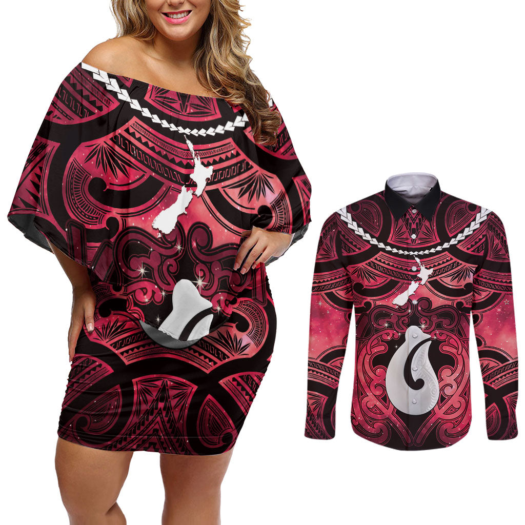 Personalised Maori Matariki Hei Matau Whero Couples Matching Off Shoulder Short Dress and Long Sleeve Button Shirt Maori Kowhaiwhai Pattern Galaxy