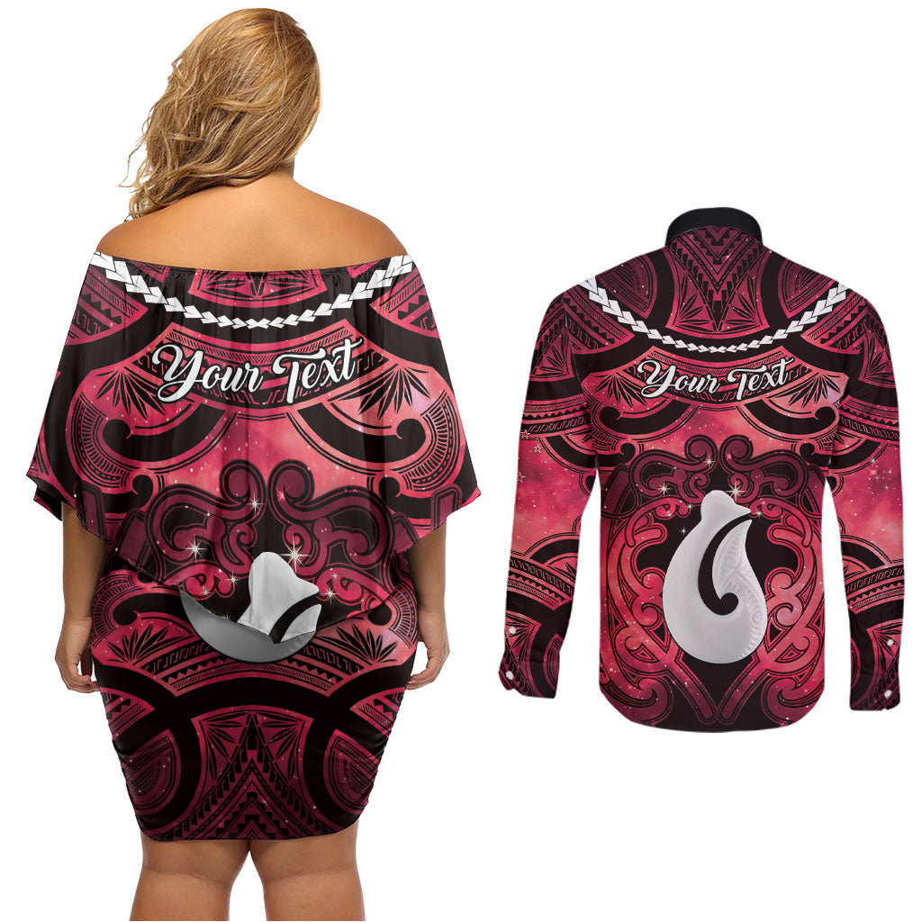 Personalised Maori Matariki Hei Matau Whero Couples Matching Off Shoulder Short Dress and Long Sleeve Button Shirt Maori Kowhaiwhai Pattern Galaxy