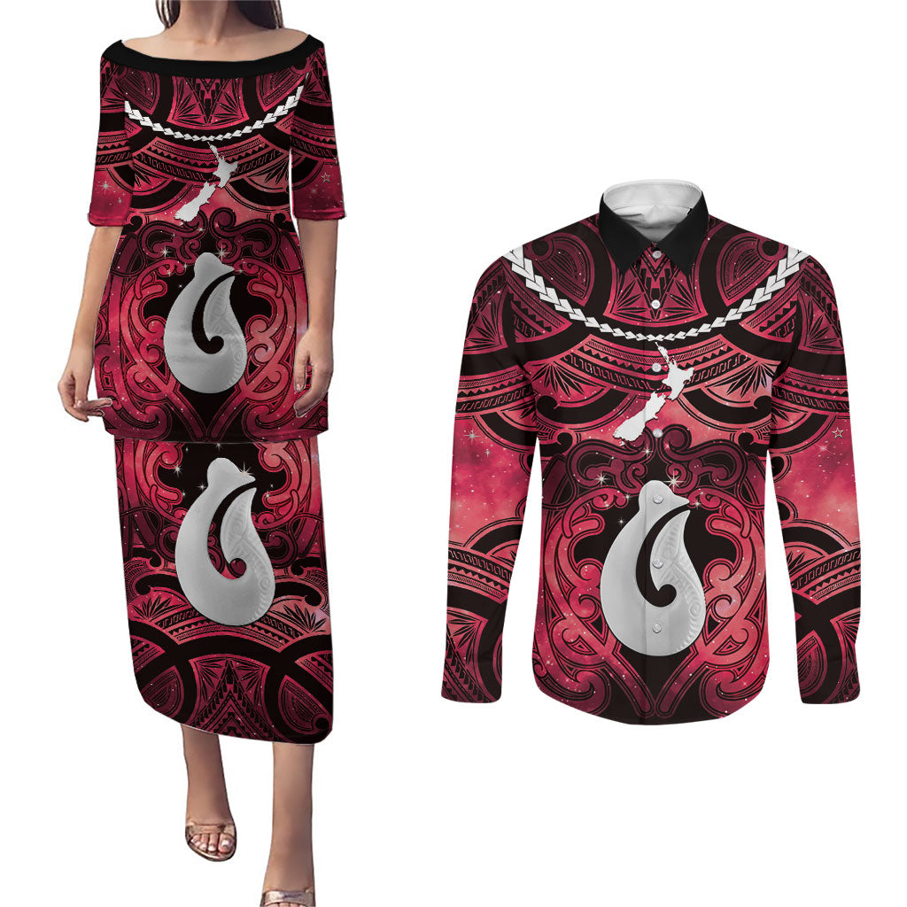 Personalised Maori Matariki Hei Matau Whero Couples Matching Puletasi and Long Sleeve Button Shirt Maori Kowhaiwhai Pattern Galaxy