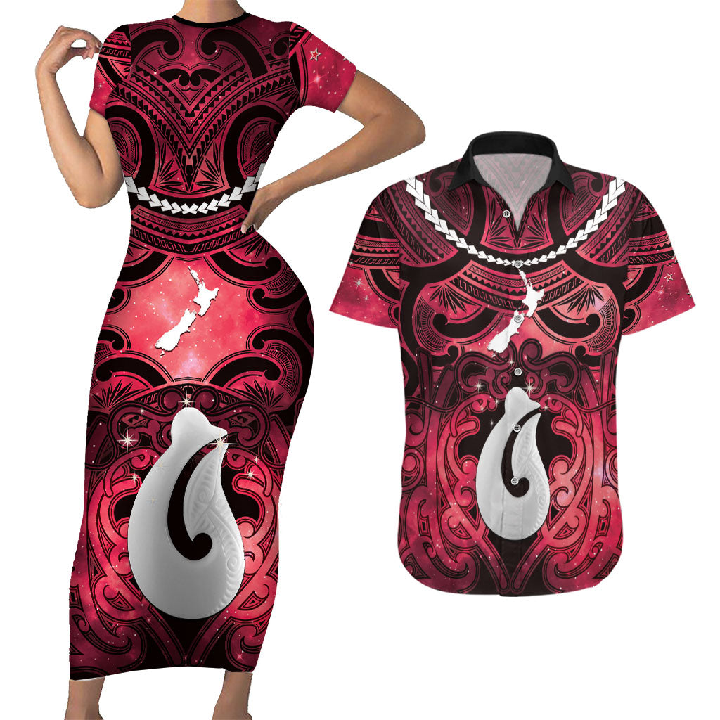 Personalised Maori Matariki Hei Matau Whero Couples Matching Short Sleeve Bodycon Dress and Hawaiian Shirt Maori Kowhaiwhai Pattern Galaxy