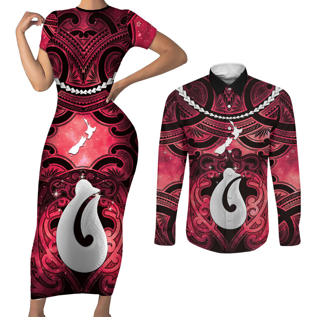 Personalised Maori Matariki Hei Matau Whero Couples Matching Short Sleeve Bodycon Dress and Long Sleeve Button Shirt Maori Kowhaiwhai Pattern Galaxy