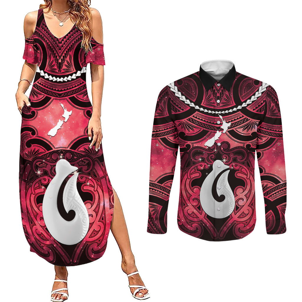 Personalised Maori Matariki Hei Matau Whero Couples Matching Summer Maxi Dress and Long Sleeve Button Shirt Maori Kowhaiwhai Pattern Galaxy