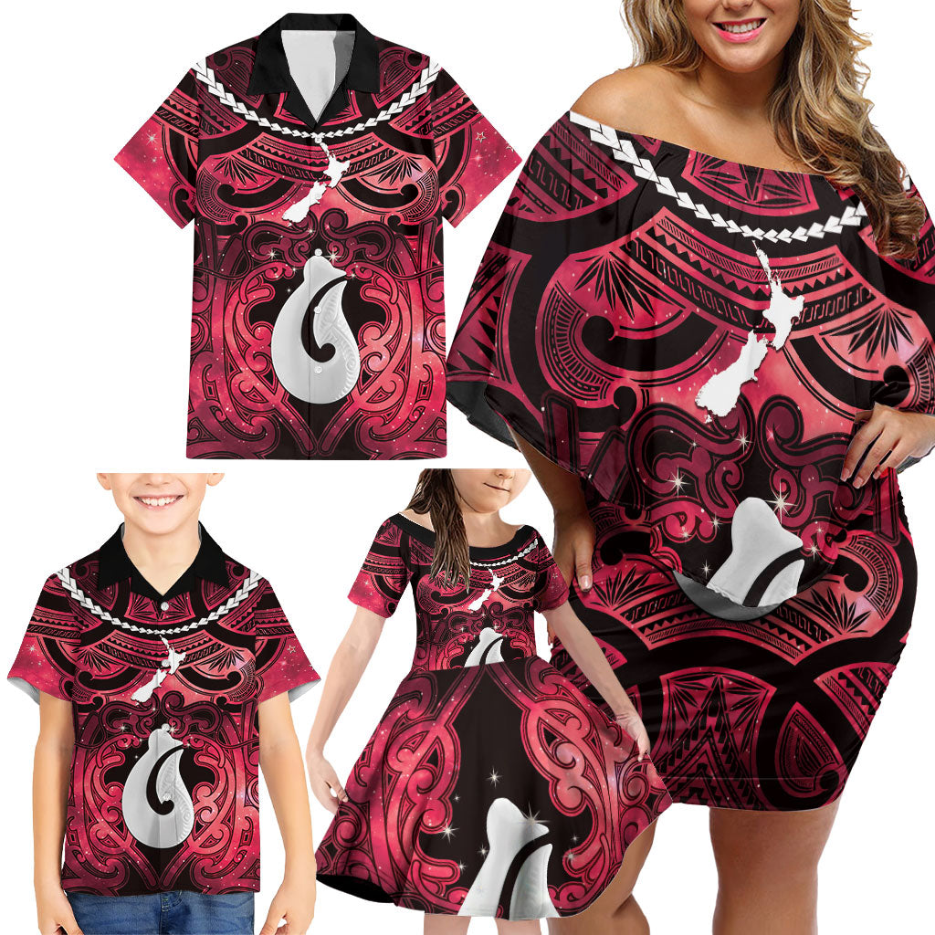 Personalised Maori Matariki Hei Matau Whero Family Matching Off Shoulder Short Dress and Hawaiian Shirt Maori Kowhaiwhai Pattern Galaxy