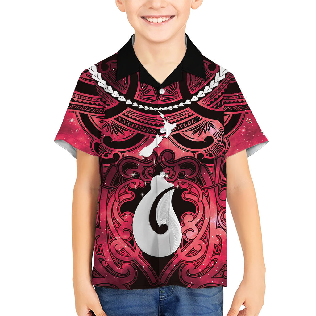 Personalised Maori Matariki Hei Matau Whero Family Matching Off Shoulder Short Dress and Hawaiian Shirt Maori Kowhaiwhai Pattern Galaxy