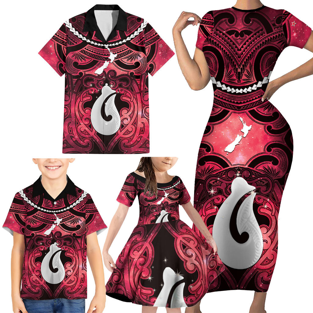 Personalised Maori Matariki Hei Matau Whero Family Matching Short Sleeve Bodycon Dress and Hawaiian Shirt Maori Kowhaiwhai Pattern Galaxy