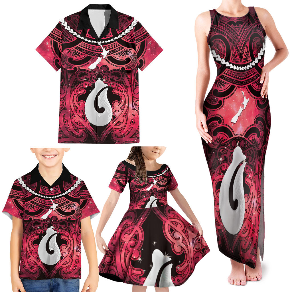Personalised Maori Matariki Hei Matau Whero Family Matching Tank Maxi Dress and Hawaiian Shirt Maori Kowhaiwhai Pattern Galaxy