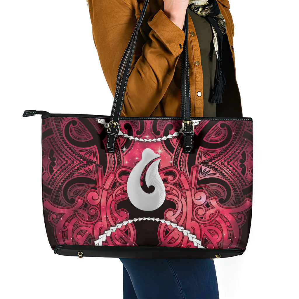 Maori Matariki Hei Matau Whero Leather Tote Bag Maori Kowhaiwhai Pattern Galaxy