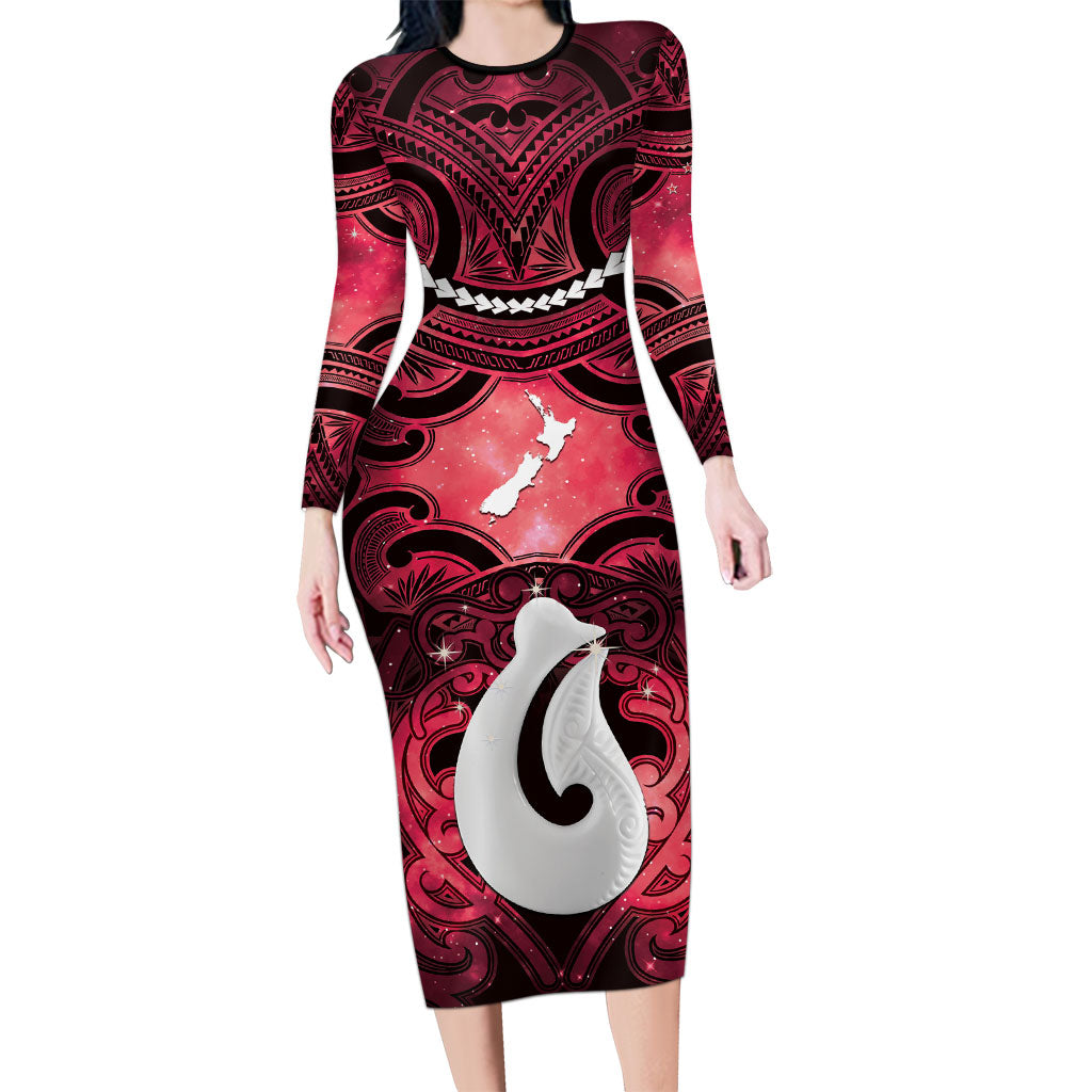 Personalised Maori Matariki Hei Matau Whero Long Sleeve Bodycon Dress Maori Kowhaiwhai Pattern Galaxy