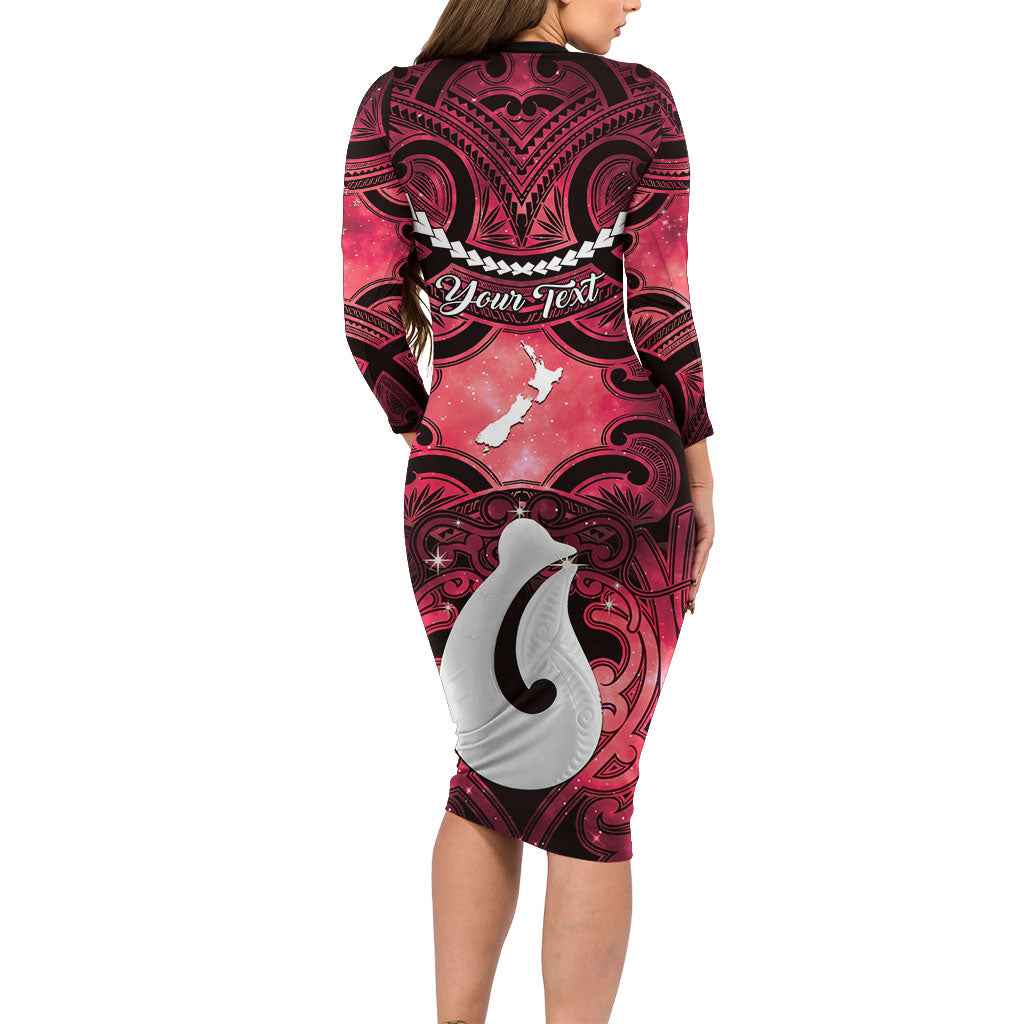 Personalised Maori Matariki Hei Matau Whero Long Sleeve Bodycon Dress Maori Kowhaiwhai Pattern Galaxy