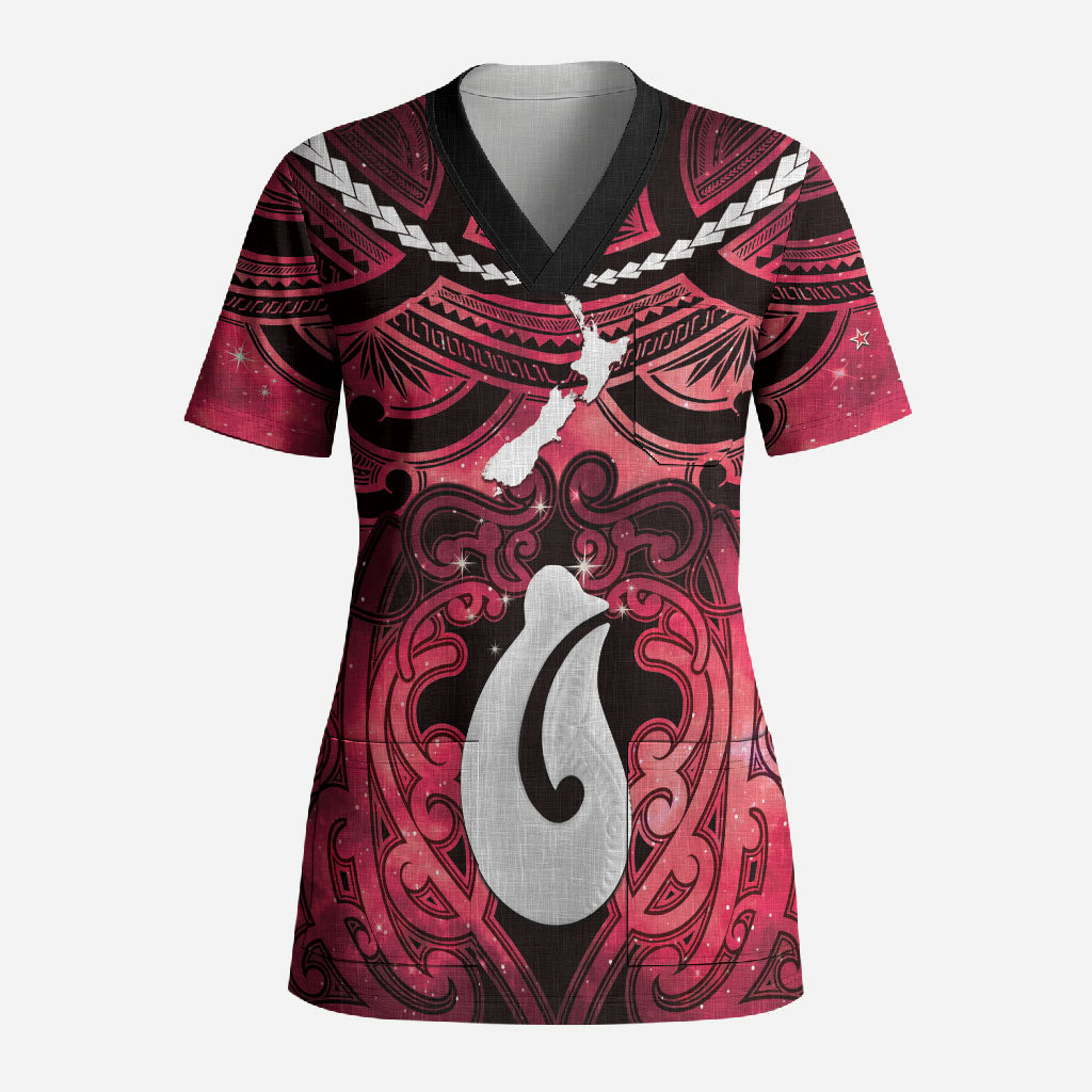 Personalised Maori Matariki Hei Matau Whero Scrub Top Maori Kowhaiwhai Pattern Galaxy LT01 Adult Red - Polynesian Pride