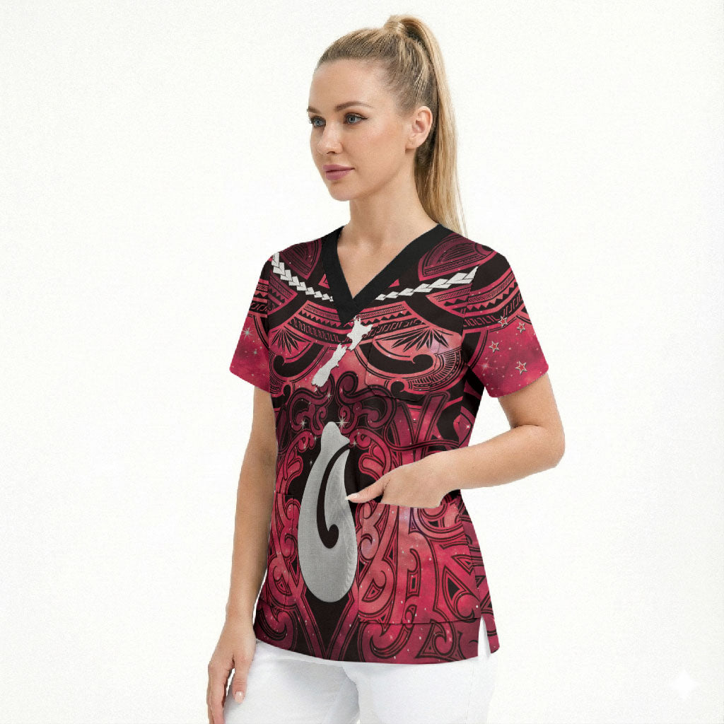Personalised Maori Matariki Hei Matau Whero Scrub Top Maori Kowhaiwhai Pattern Galaxy LT01 - Polynesian Pride