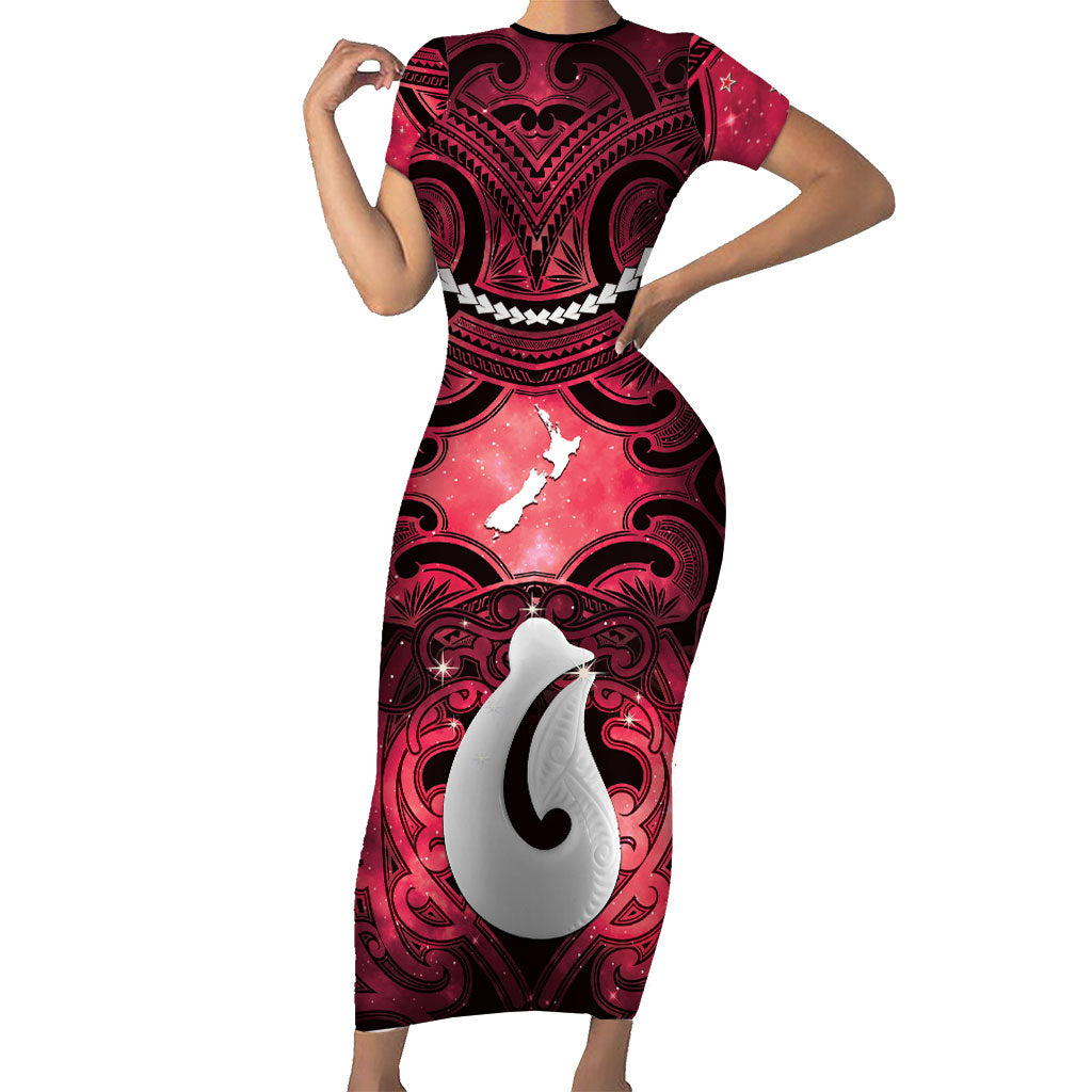 Personalised Maori Matariki Hei Matau Whero Short Sleeve Bodycon Dress Maori Kowhaiwhai Pattern Galaxy
