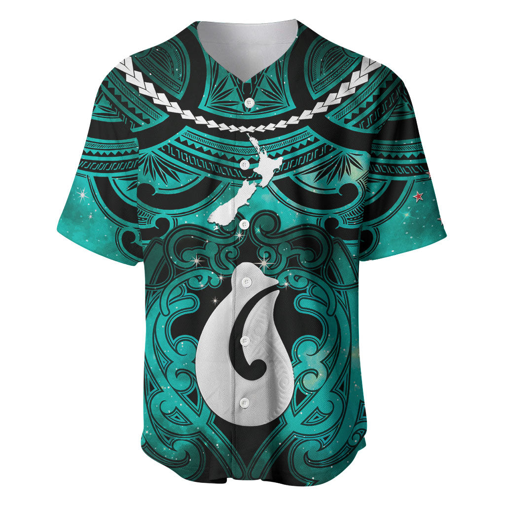 Personalised Maori Matariki Hei Matau Turquoise Baseball Jersey Maori Kowhaiwhai Pattern Galaxy LT01 Turquoise - Polynesian Pride