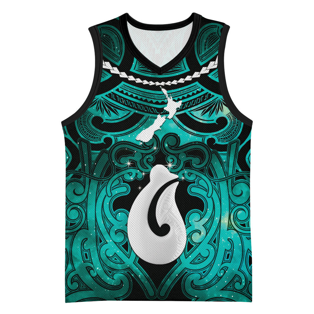 Personalised Maori Matariki Hei Matau Turquoise Basketball Jersey Maori Kowhaiwhai Pattern Galaxy