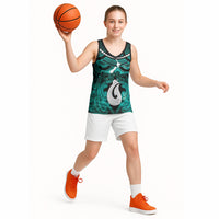 Personalised Maori Matariki Hei Matau Turquoise Basketball Jersey Maori Kowhaiwhai Pattern Galaxy