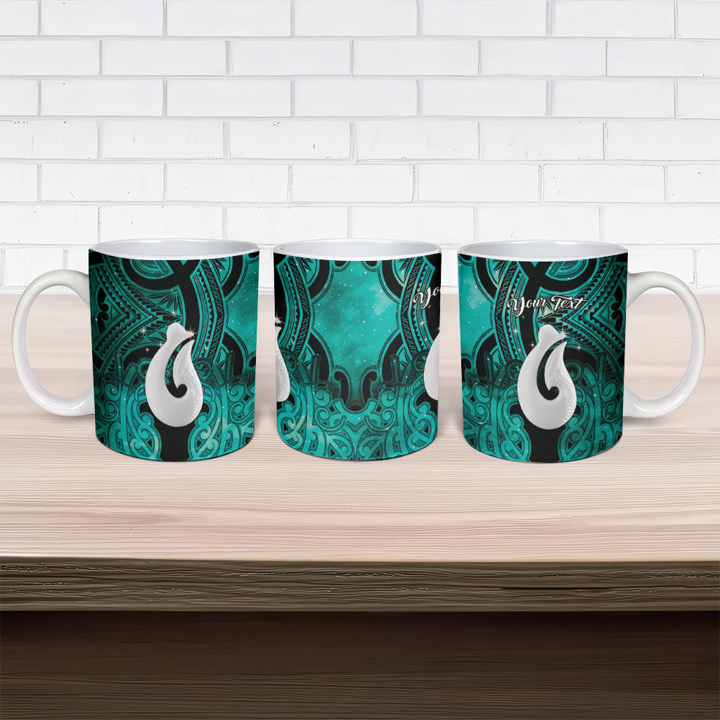 Personalised Maori Matariki Hei Matau Turquoise Ceramic Mug Maori Kowhaiwhai Pattern Galaxy