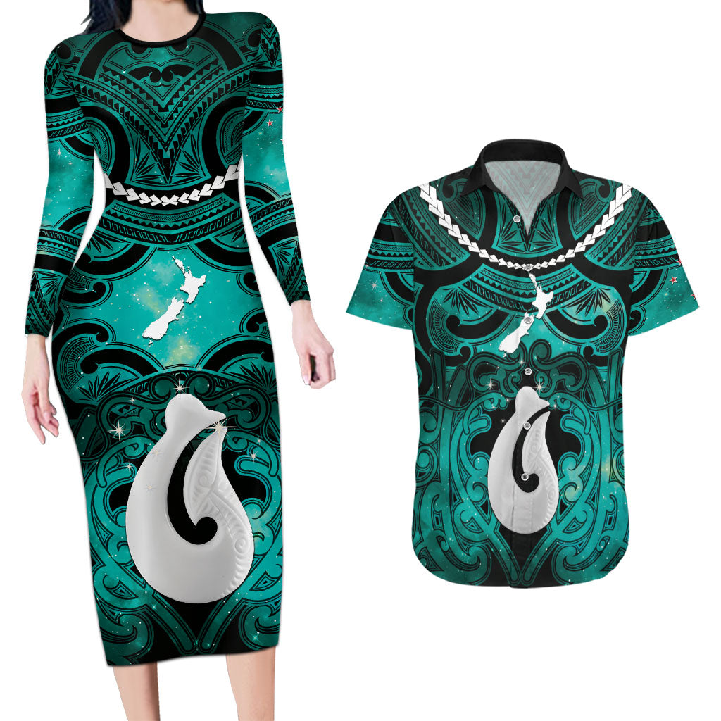 Personalised Maori Matariki Hei Matau Turquoise Couples Matching Long Sleeve Bodycon Dress and Hawaiian Shirt Maori Kowhaiwhai Pattern Galaxy