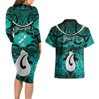 Personalised Maori Matariki Hei Matau Turquoise Couples Matching Long Sleeve Bodycon Dress and Hawaiian Shirt Maori Kowhaiwhai Pattern Galaxy