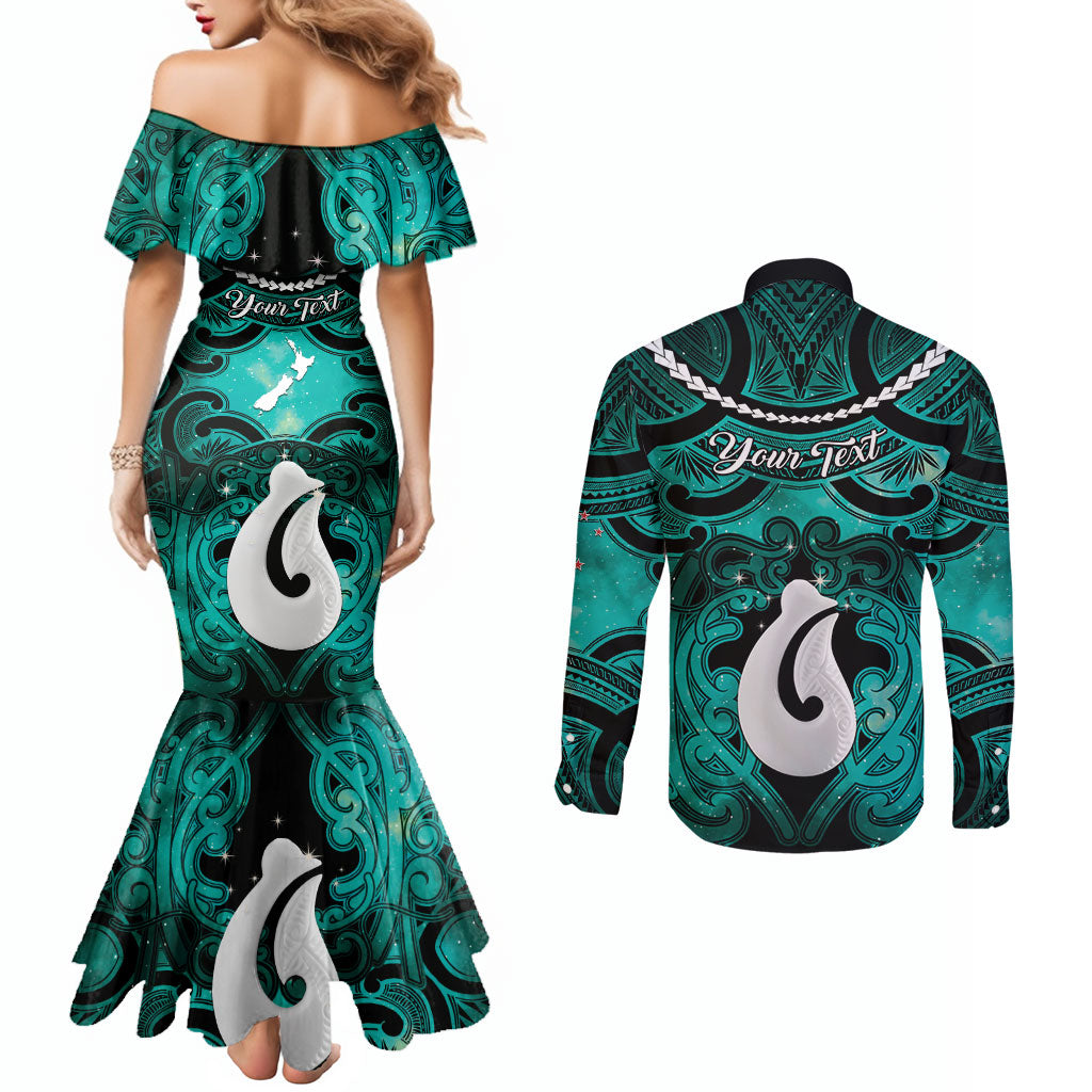 Personalised Maori Matariki Hei Matau Turquoise Couples Matching Mermaid Dress and Long Sleeve Button Shirt Maori Kowhaiwhai Pattern Galaxy