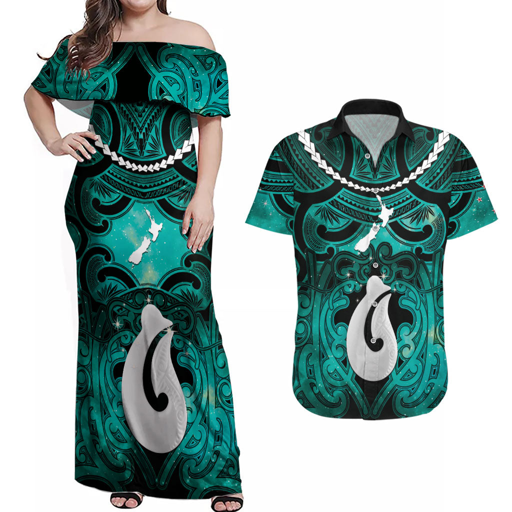Personalised Maori Matariki Hei Matau Turquoise Couples Matching Off Shoulder Maxi Dress and Hawaiian Shirt Maori Kowhaiwhai Pattern Galaxy