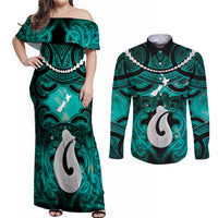 Personalised Maori Matariki Hei Matau Turquoise Couples Matching Off Shoulder Maxi Dress and Long Sleeve Button Shirt Maori Kowhaiwhai Pattern Galaxy