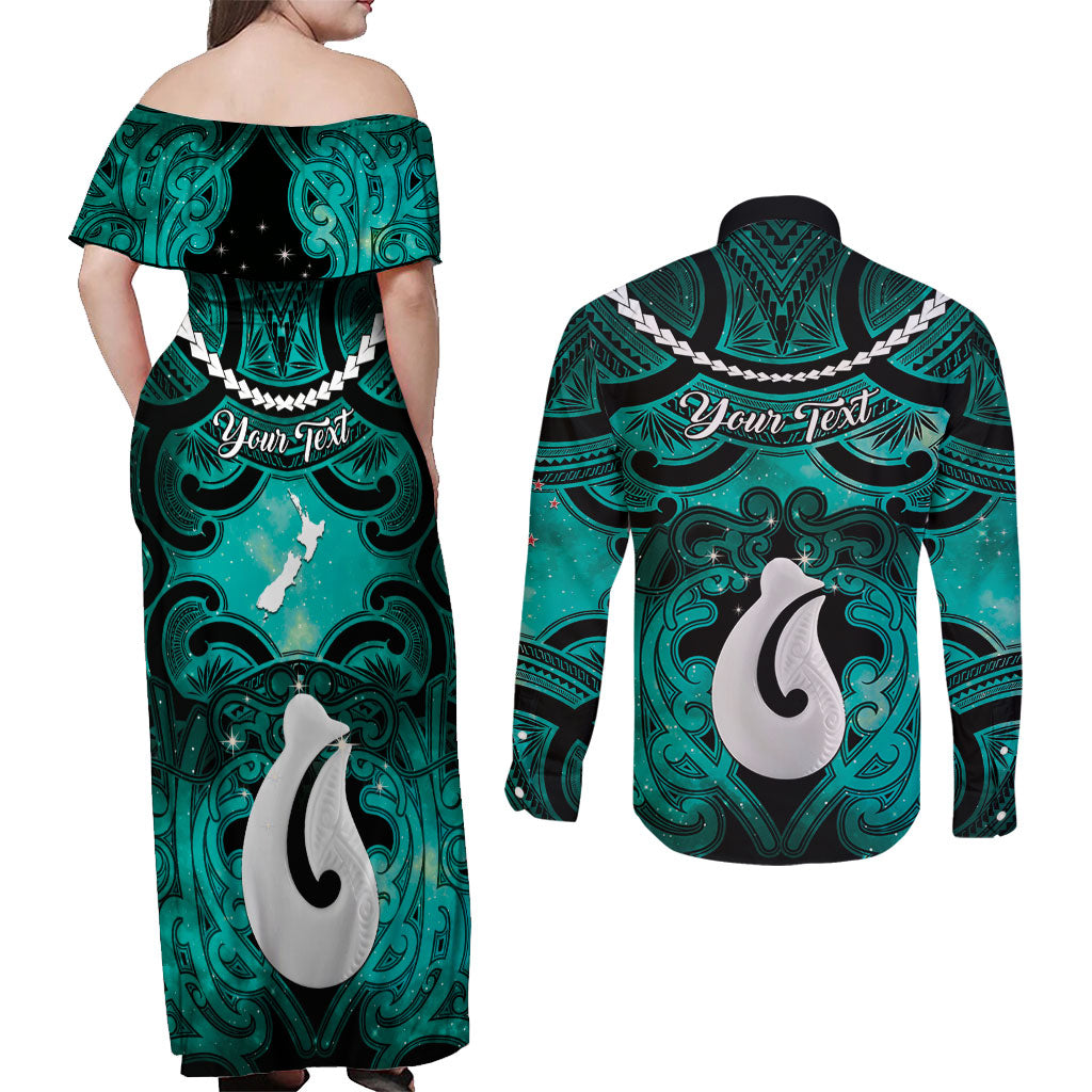 Personalised Maori Matariki Hei Matau Turquoise Couples Matching Off Shoulder Maxi Dress and Long Sleeve Button Shirt Maori Kowhaiwhai Pattern Galaxy