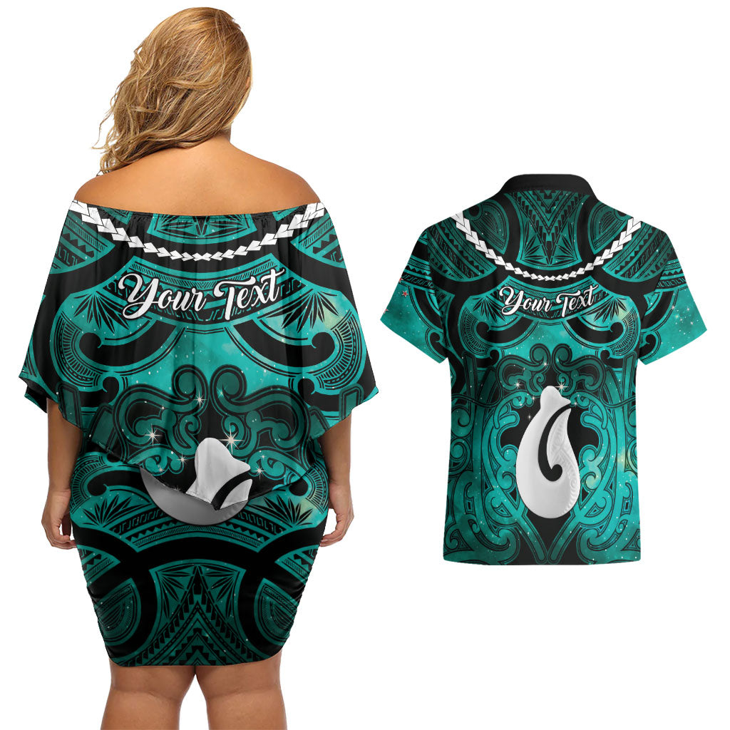 Personalised Maori Matariki Hei Matau Turquoise Couples Matching Off Shoulder Short Dress and Hawaiian Shirt Maori Kowhaiwhai Pattern Galaxy