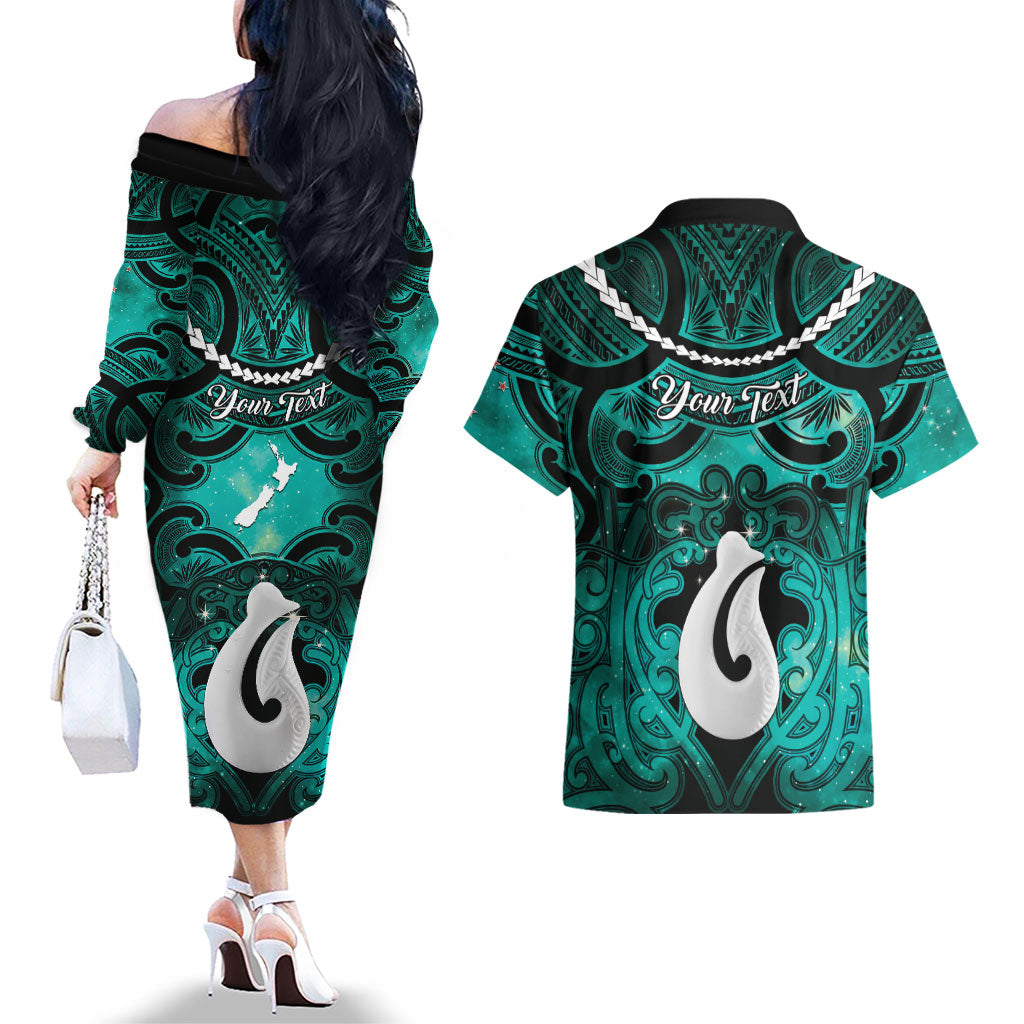 Personalised Maori Matariki Hei Matau Turquoise Couples Matching Off The Shoulder Long Sleeve Dress and Hawaiian Shirt Maori Kowhaiwhai Pattern Galaxy