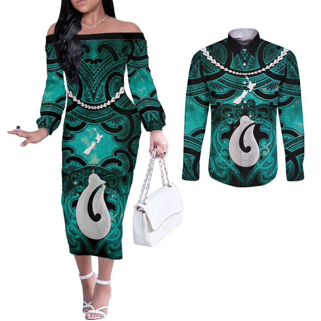 Personalised Maori Matariki Hei Matau Turquoise Couples Matching Off The Shoulder Long Sleeve Dress and Long Sleeve Button Shirt Maori Kowhaiwhai Pattern Galaxy