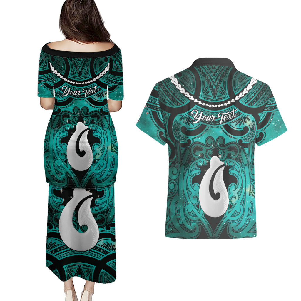 Personalised Maori Matariki Hei Matau Turquoise Couples Matching Puletasi and Hawaiian Shirt Maori Kowhaiwhai Pattern Galaxy