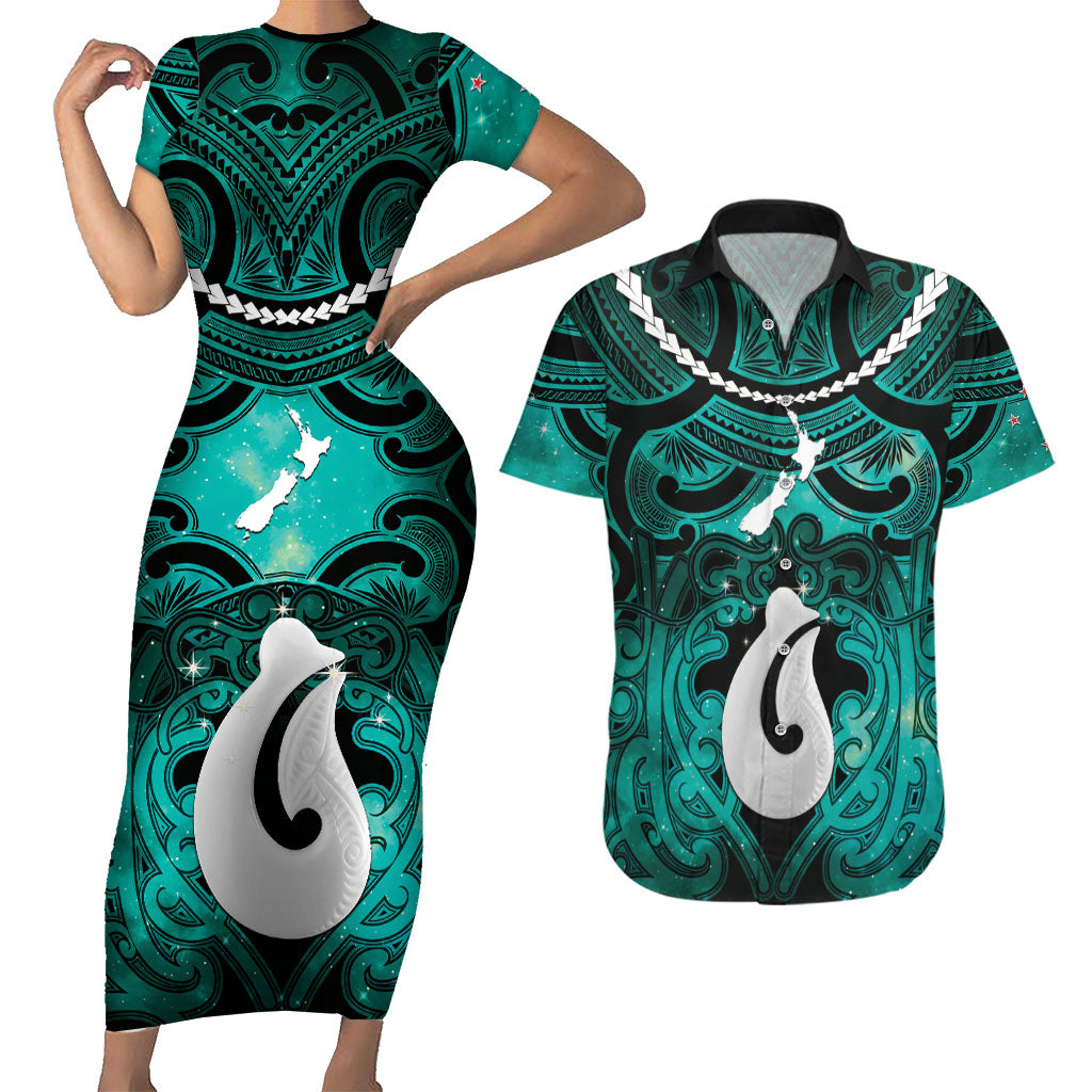 Personalised Maori Matariki Hei Matau Turquoise Couples Matching Short Sleeve Bodycon Dress and Hawaiian Shirt Maori Kowhaiwhai Pattern Galaxy